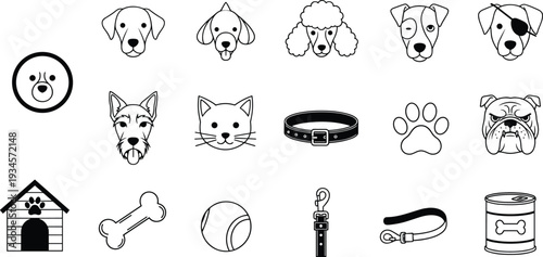 Black and white vector line icons set of dog breeds cat face paw print bone house collar and pet supplies.