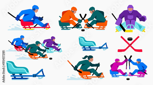 Icon set of paralympic athletes in adaptive ice hockey sleds with prosthetic limbs competing on ice rink