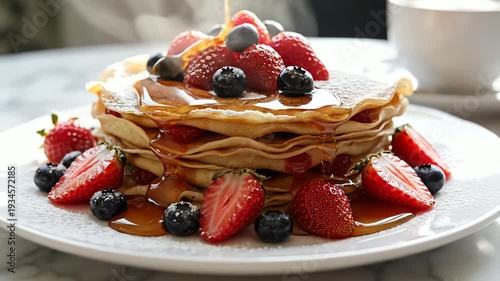 Stack of pancakes with berries and syrup on a white plate