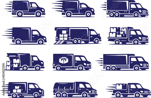 Vector art of collection of delivery trucks in motion