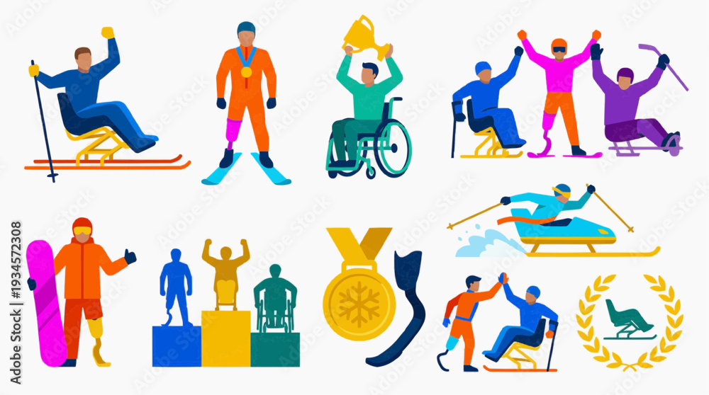 Fototapeta premium Paralympic icon set featuring winner and champion athletes in various winter sports including alpine skiing, snowboard, and wheelchair curling, showcasing para athletes with prosthetic limbs