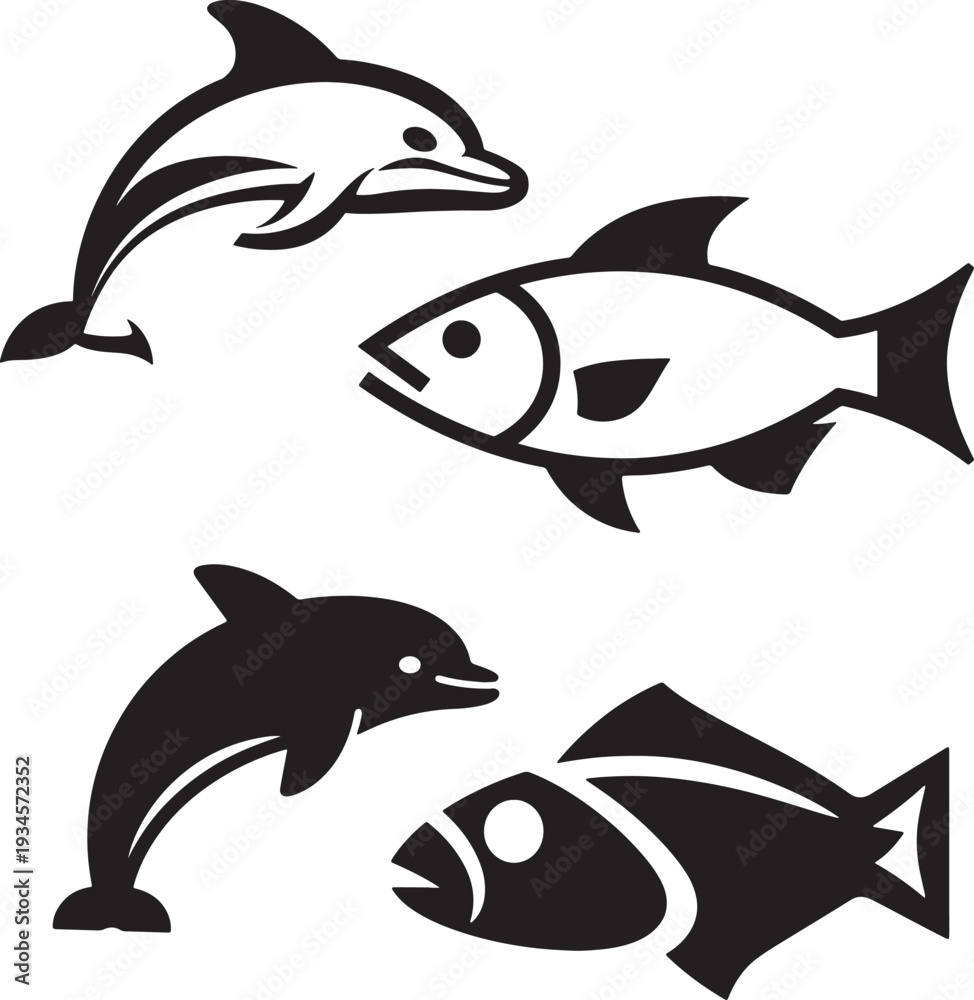 Obraz premium Dolphin and Fish Silhouette Icon Set Black and White Vector Illustration