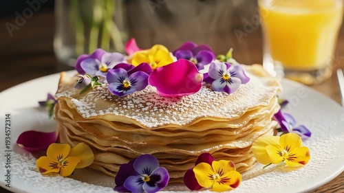Stack of pancakes with flowers and powdered sugar garnished by hand