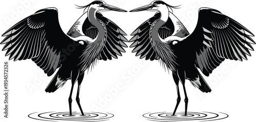Heron bird silhouette vector illustration, twin cranes with spread wings standing in water, elegant wildlife emblem design isolated on white