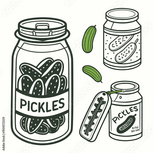 Collection of black and white pickle jars, illustrations show various styles of pickled cucumbers and a single fresh cucumber