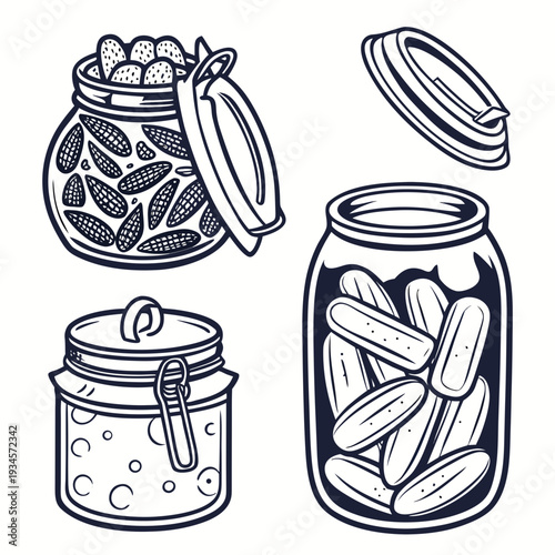 Set of black and white jars filled with pickled foods, illustrations include corn and cucumbers, showcasing home canning