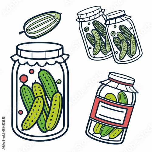 Various colorful jars of pickled cucumbers, collection of hand-drawn illustrations of preserved vegetables and a fresh cucumber slice