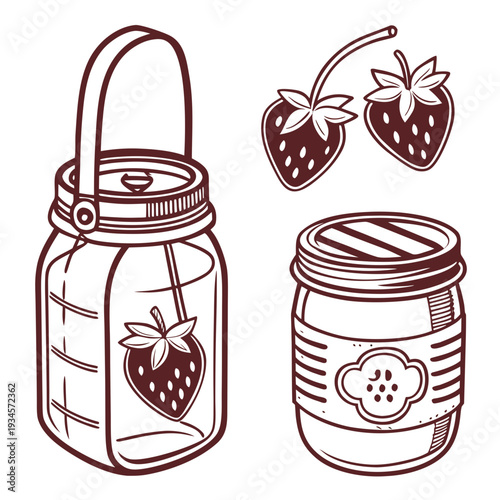 Outline vector illustration of canning jars with strawberry fruit, one with handle and other as jam jar with label