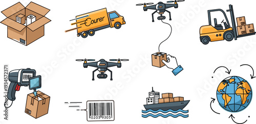 Modern Logistics and Delivery Icon Set with Drone Shipping Courier Truck Forklift Barcode Scanner and Global Transport Flat Vector Collection
