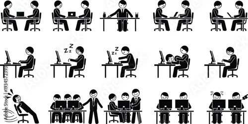 Office workers in various states of boredom and fatigue at desks