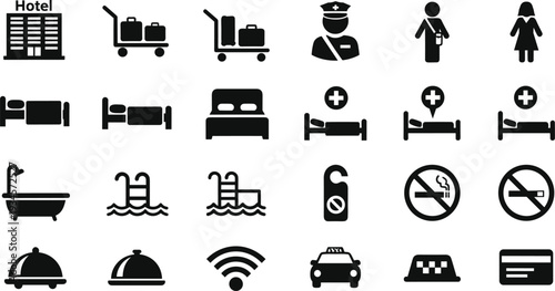 Comprehensive set of hotel and travel service icons featuring accommodation, luggage, medical care, swimming pool, dining, taxi, and wifi symbols.