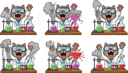 Cartoon cat scientist in laboratory conducting chemistry experiments with goggles and lab coat, colorful reactions, educational science illustration design