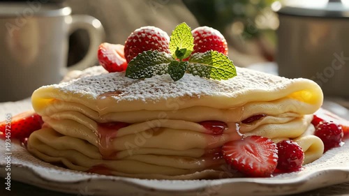 Stack of pancakes with strawberries mint and powdered sugar dessert food