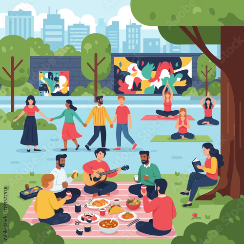 Diverse people enjoying picnic, yoga, and music in a vibrant city park