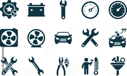 Vector art of collection of automotive tools and parts silhouettes