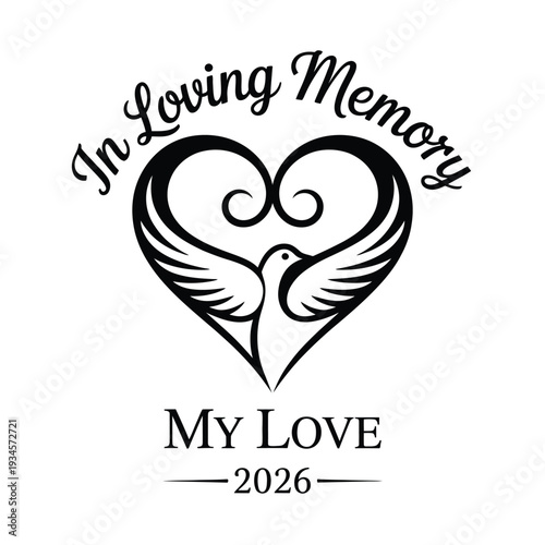 A loving memory design featuring a heart dove and text elements