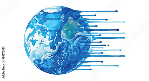 Melting blue globe with dripping paint on white background