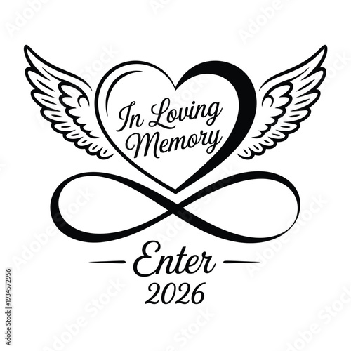 A black and white image of a heart with wings and an infinity symbol