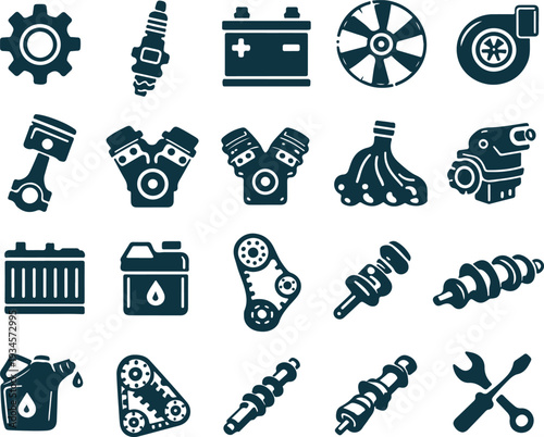 Vector art of collection of various car engine and machinery icons