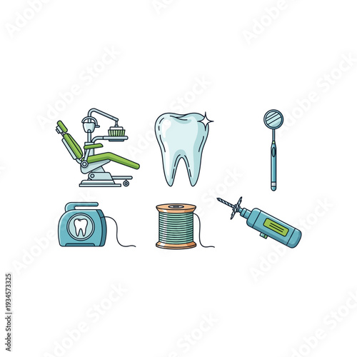 Cartoon Dental Care Icon Set with Tooth and Equipment