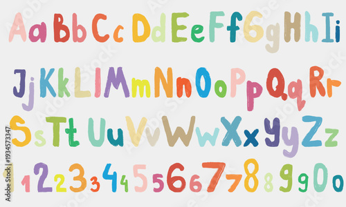 Hand drawn uppercase and lowercase colorful alphabet and numbers. Vector sketch illustration in vintage crayon charcoal style. Hand written font for greeting cards, logo.