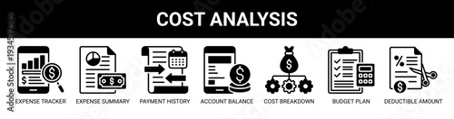 Cost Analysis web banner icon vector illustration concept with icons of expense tracker, expense summary, payment history, account balance, cost breakdown, budget plan, and deductible amount.