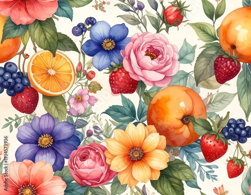 A vibrant watercolor pattern featuring a mix of flowers, berries, and citrus fruits. The design is colorful and cheerful