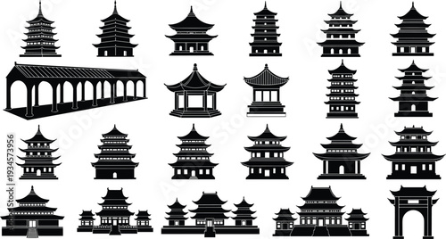Set of Japanese pagoda and Chinese temple silhouette icons including traditional Asian architecture and oriental building landmarks isolated on white background for graphic design