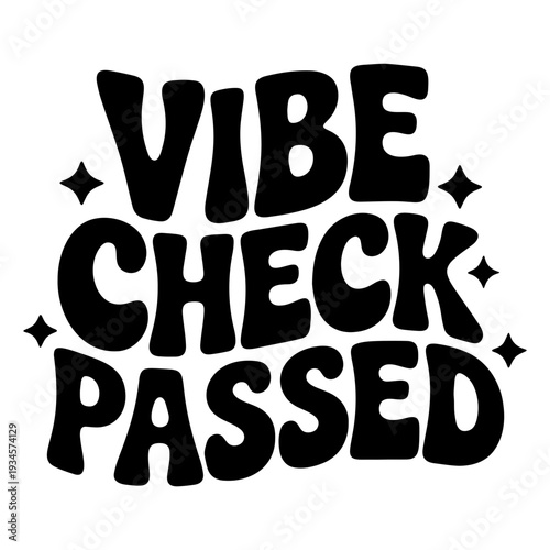 A bold black vector graphic with the phrase Vibe Check Passed in a playful font