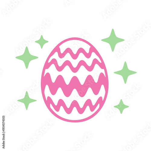 A pink Easter egg with green stars on a white background, decorated with a festive zigzag pattern.