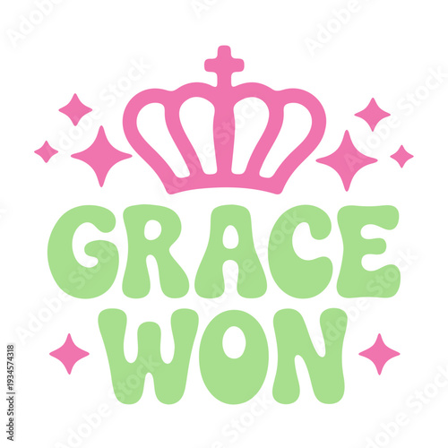 A colorful vector graphic illustration of a crown and text that reads GRACE WON