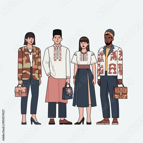 Diverse group of people in traditional and modern ethnic clothing, holding handbags.