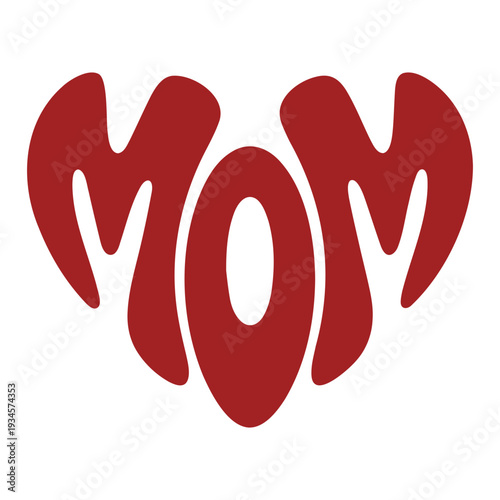 A heart-shaped vector graphic illustration of the word 'Mom' in red color