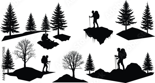 Hiker silhouettes in forest landscape with pine trees and mountains, outdoor adventure travel concept, black vector illustration isolated on white background