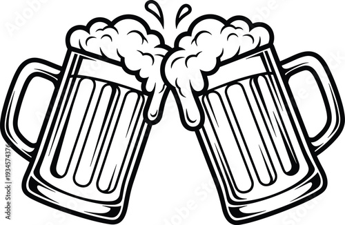 Two beer mugs clinking together with foam celebration