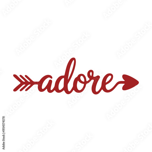 A minimalist vector graphic illustration of the word 'adore' with an arrow design