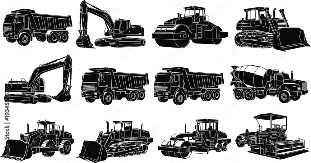 Obraz premium Vector black silhouette of construction machinery icons including excavators dump trucks bulldozers and cement mixers isolated on white background for industrial building graphic design
