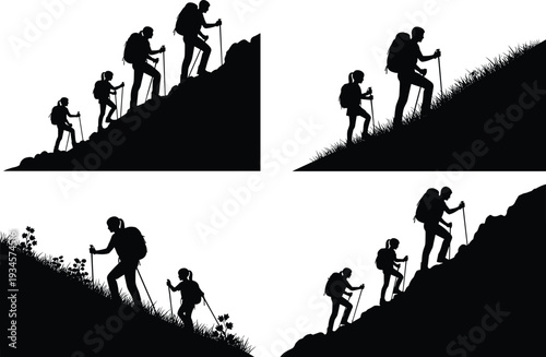 Hikers climbing mountain silhouette set, backpackers trekking uphill with walking sticks, black vector outdoor adventure illustration isolated on white background