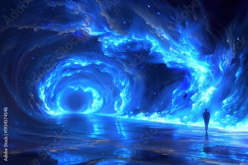A human stands facing the light vortex spiral with neon blue glowing energy magic swirl portal