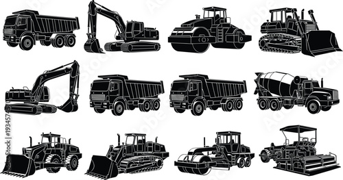 Vector black silhouette of construction machinery icons including excavators dump trucks bulldozers and cement mixers isolated on white background for industrial building graphic design