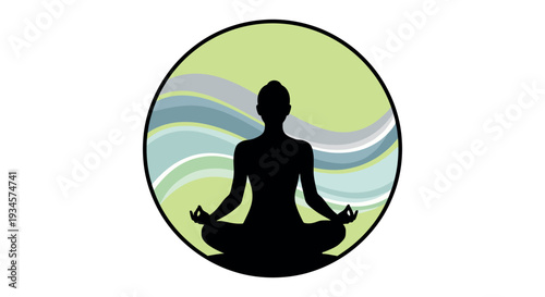Serene silhouette of a person meditating in lotus position with colorful wave background