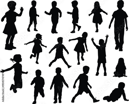 Children silhouettes set boys and girls playing running walking jumping isolated on 
