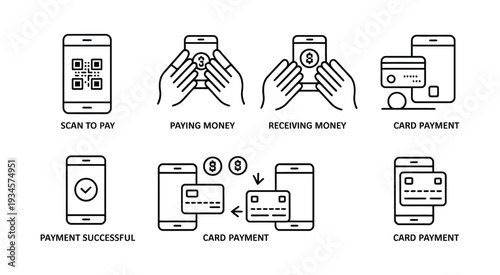 online money transfer vector icon set with smartphone payment and qr code illustration, editable icons for fin tech apps, digital banking, and mobile transactions.