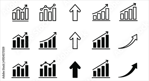 Collection of black line icons depicting growth statistics and upward trends on transparent background