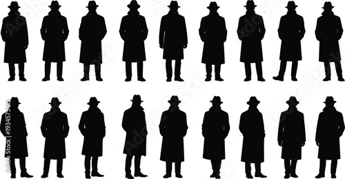 Detective silhouette collection, man in trench coat and hat, mystery noir character set, black vector illustration isolated
