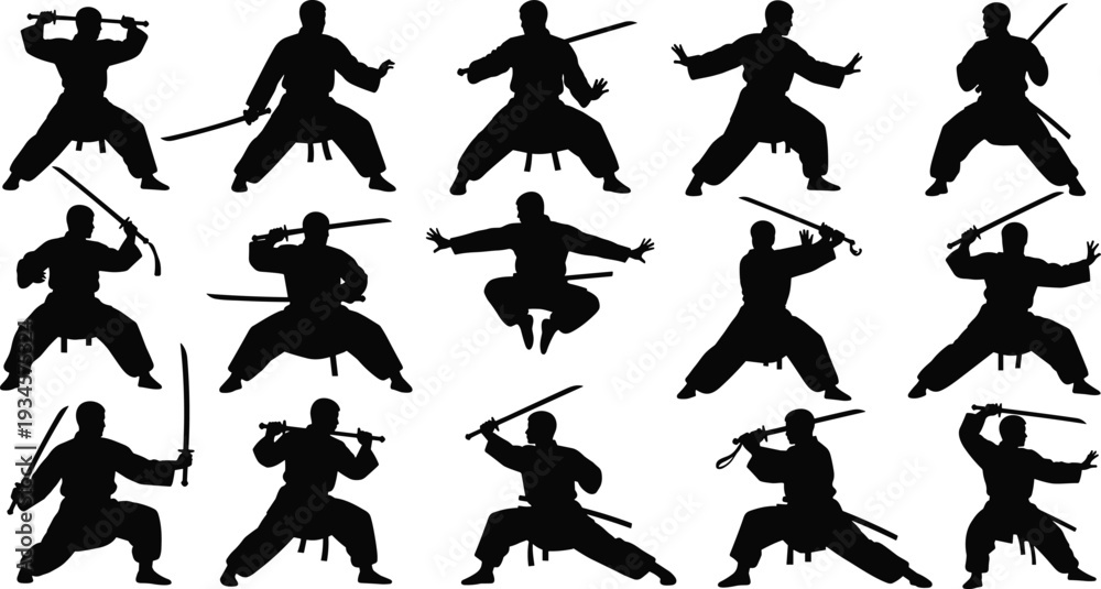 Fototapeta premium Vector black silhouette of samurai and ninja warrior icons with katanas including traditional martial arts poses and sword fighting positions isolated on white background