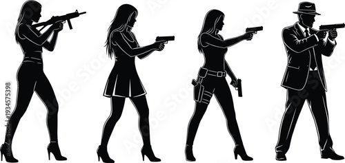 Vector black silhouette of secret agent and spy icons with armed women and men including security guard and undercover police officer poses for design