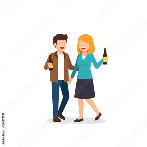 Happy Couple Holding Hands and Beer Bottles, Celebrating Together