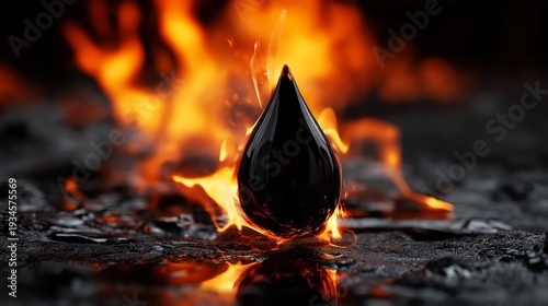 A drop of black oil engulfed in flame, symbolizing fuel shortage, energy crisis, and global supply instability in a bold dramatic conceptual style.