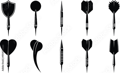 Vector line art and black silhouettes of tropical toucans sparrows asian temples royal crowns and dartboard targets isolated on white background for graphic design